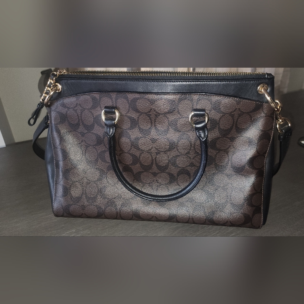 Coach Brown Signature Leather Satchel with Black Trim - Picture 2 of 5